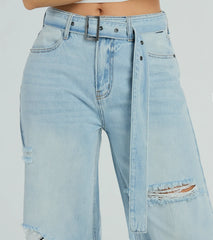 Cool Vibes High-Rise Belted Destructed Wide-Leg Jeans