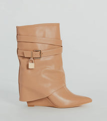 Lock And Key Foldover Wedge Faux Leather Boots