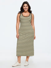 Striped Print Ribbed Scoop Neck Midi Dress
