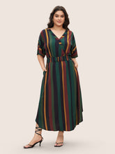 Striped Dolman Sleeve Pocket Shirred Flutter Wrap Dress