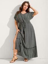 Striped Tassel Drawstring Tiered Midi Dress