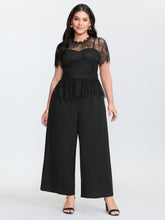 Sheer Lace Neckline Ruffled Waist Jumpsuit