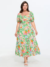 Floral Print Pleated Square Neckline Midi Dress