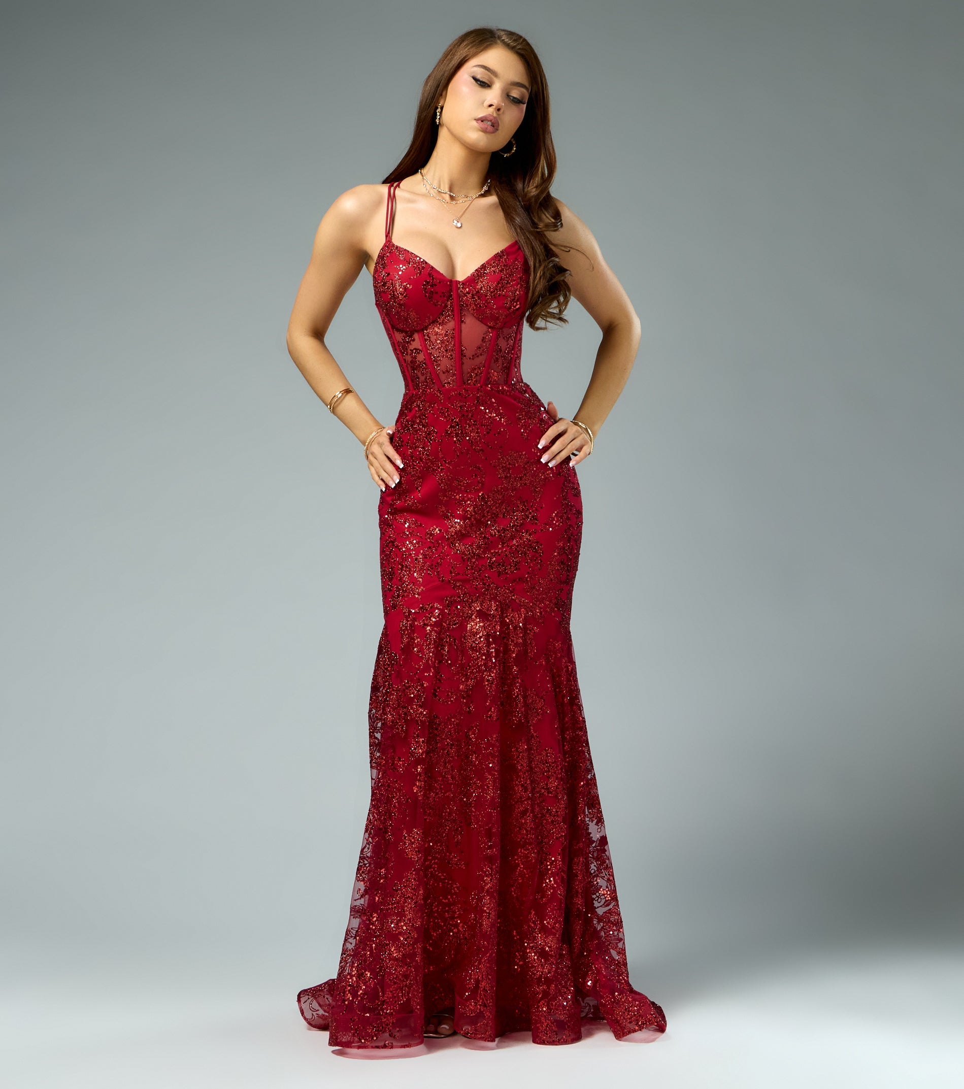 Amal Bustier Lace-Up Mermaid Glitter Sequin Gown