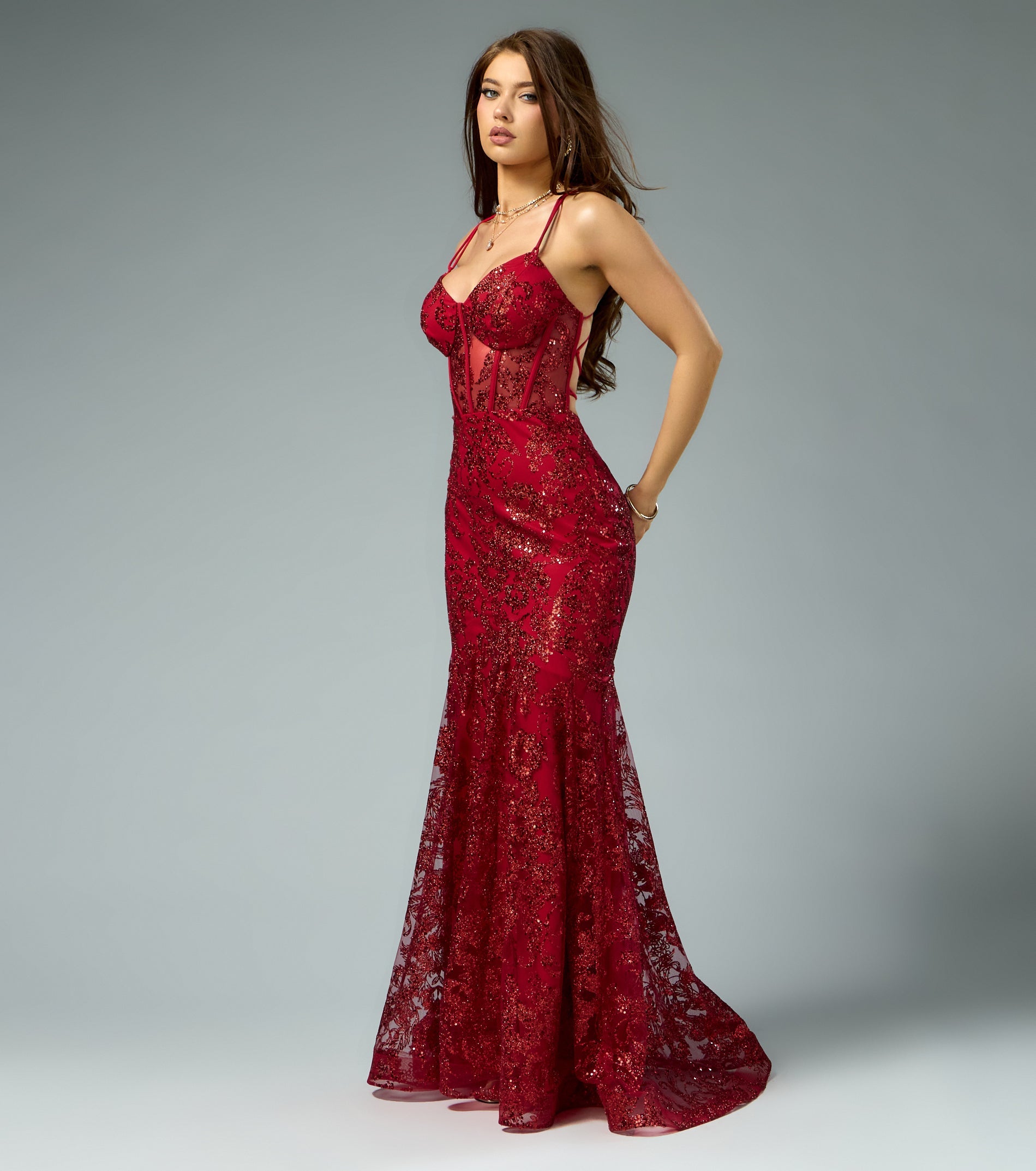 Amal Bustier Lace-Up Mermaid Glitter Sequin Gown