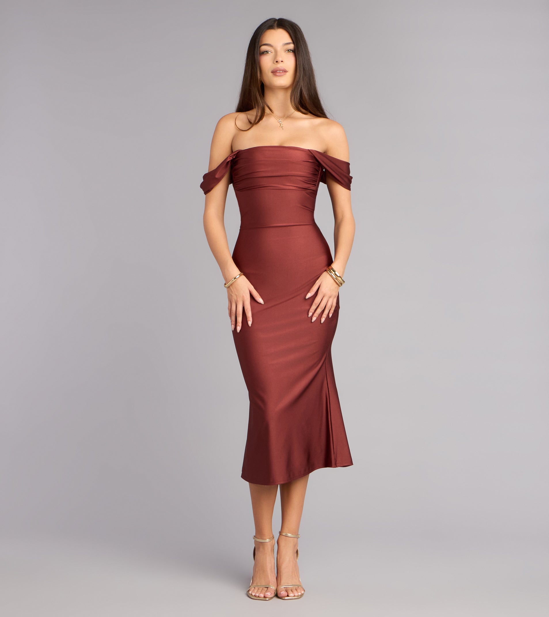 Exceptional Off-The-Shoulder Flared Midi Dress