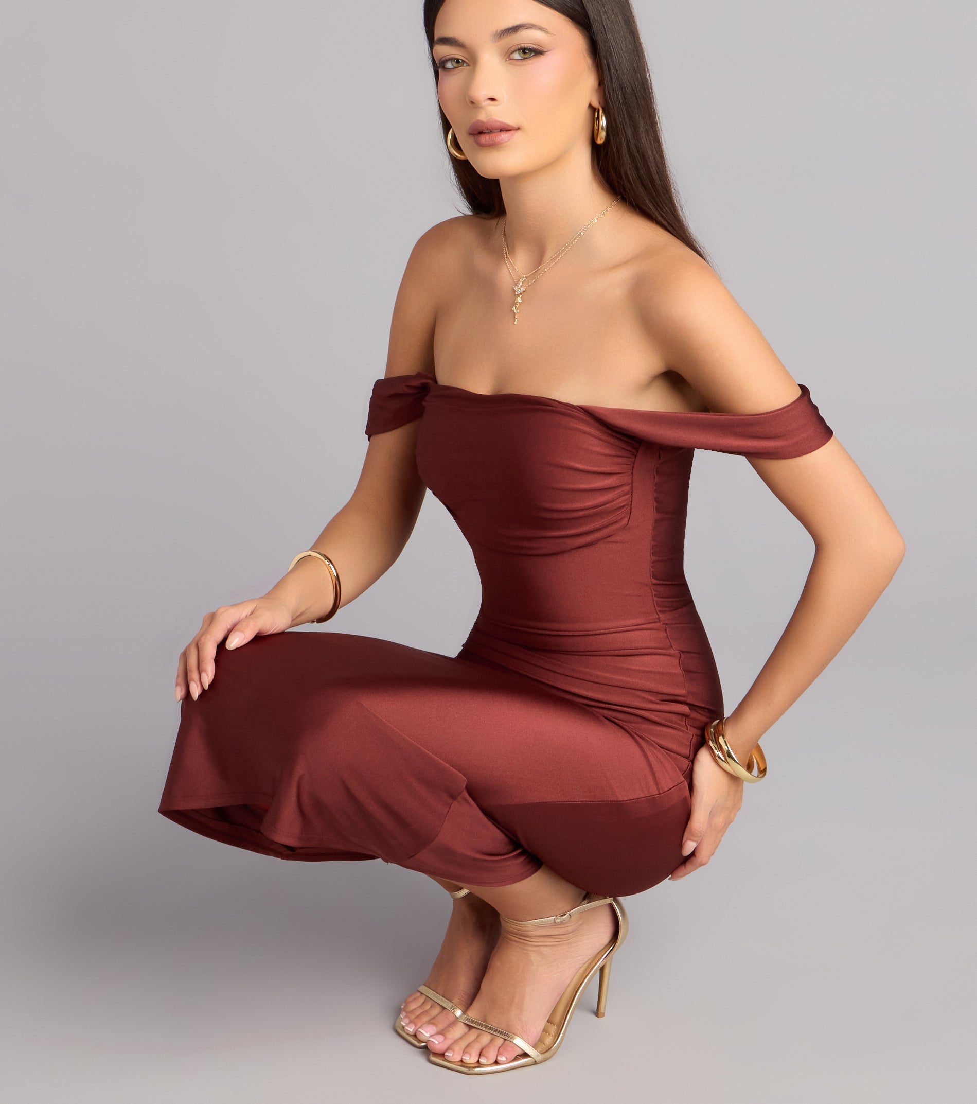 Exceptional Off-The-Shoulder Flared Midi Dress