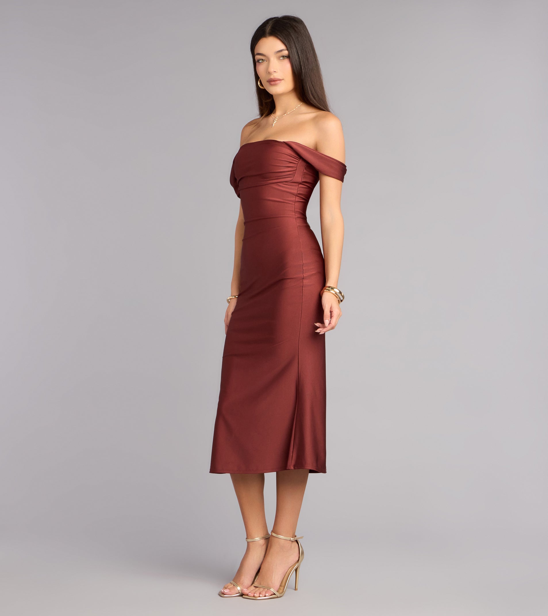 Exceptional Off-The-Shoulder Flared Midi Dress