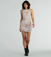 Trendy Icon Marble Print Mesh Bodycon Mini Dress
