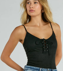 Lace Me Up Sleeveless Faux Suede Bodysuit