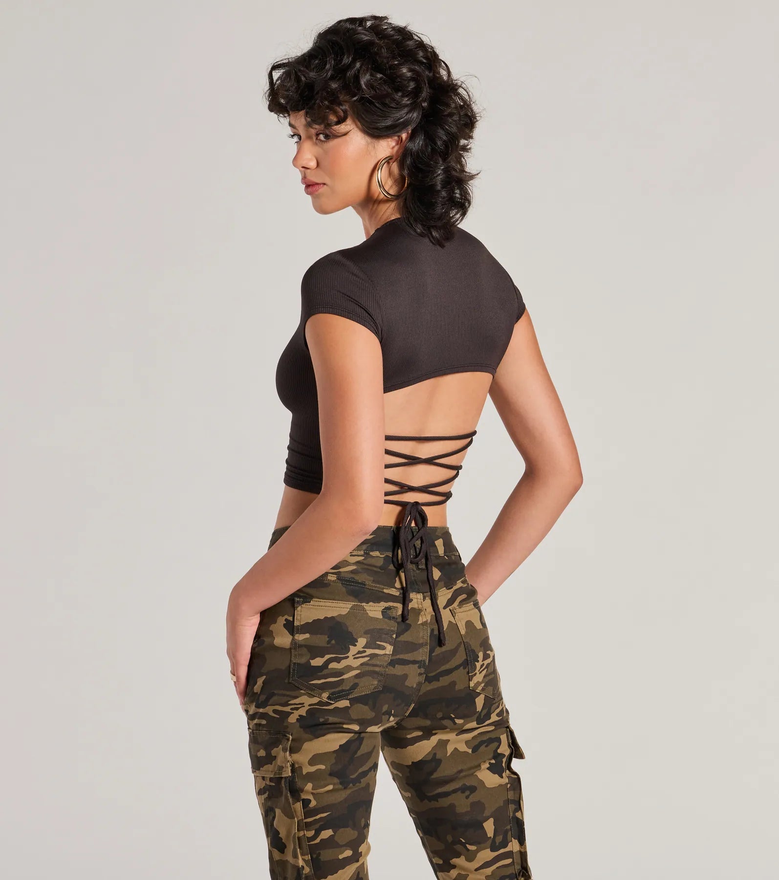 Trendy Cutie Lace-Up Ribbed Smooth Knit Crop Top