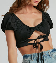 Around Town Puff Sleeve Tie-Front Satin Crop Top