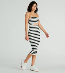 Babe In Stripes Strapless Cutout Ribbed Knit Midi Dress