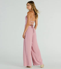 Effortless Allure Lace-Up Woven Wide-Leg Jumpsuit
