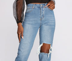 High Rise Destructed Straight Leg Jeans