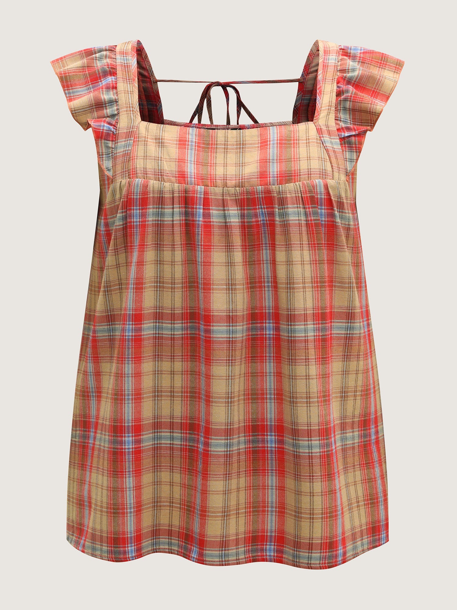 Plaid Print Flutter Sleeve Pleated Blouse