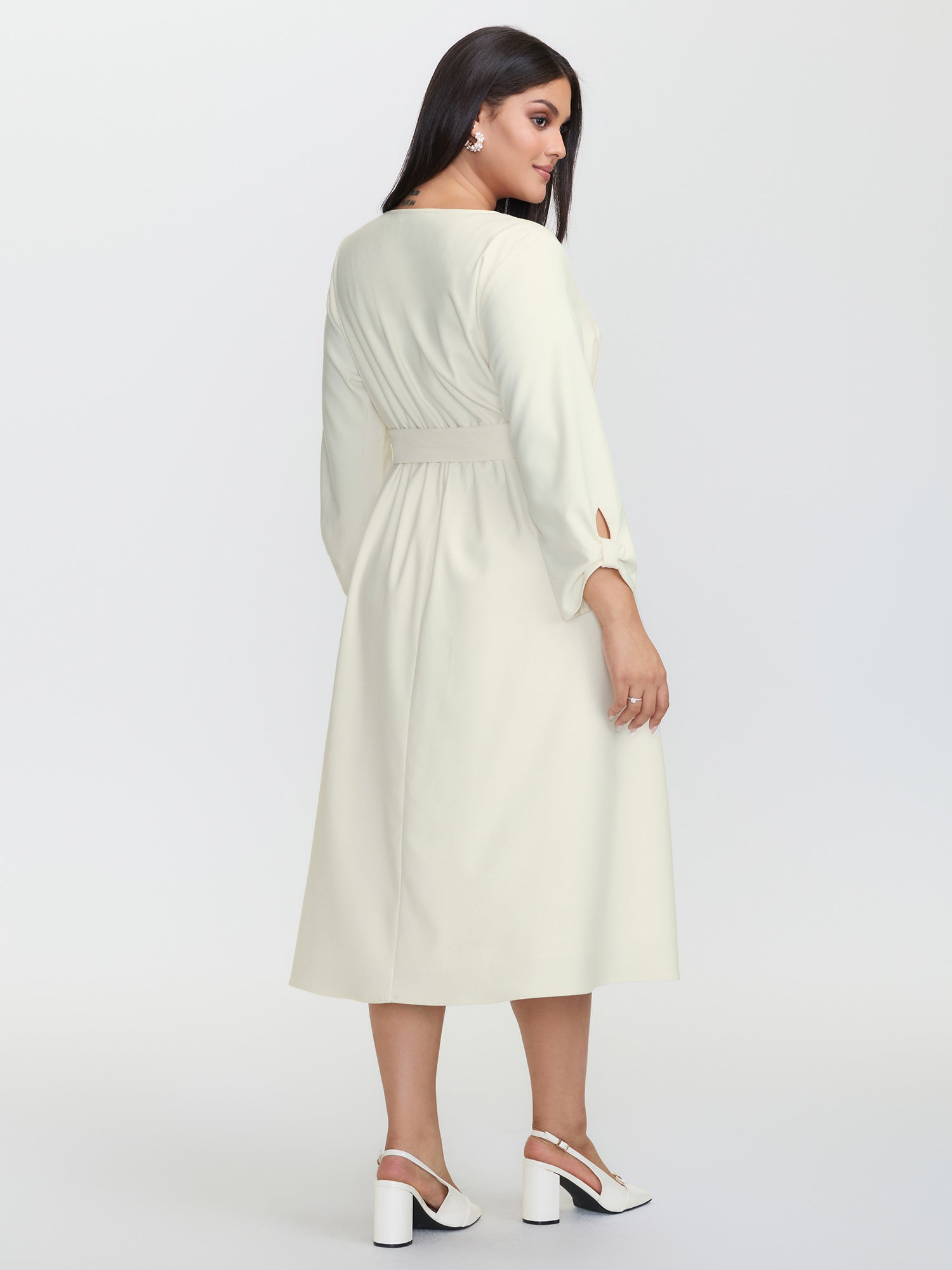 Pleated Split Neck Waist-Tie Maxi Dress