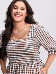Gingham Lace Shirred Tiered Midi Dress