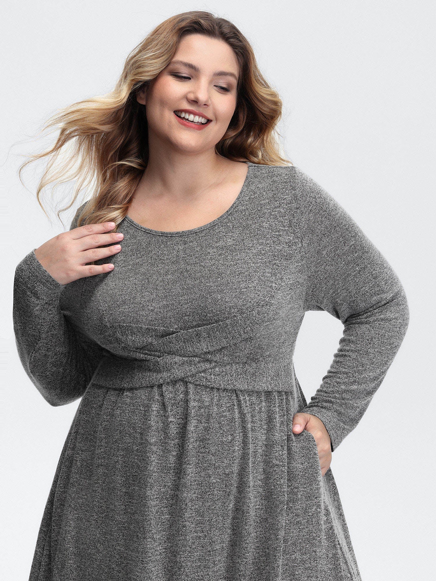 Crossover Waist-Defining Round Neck Midi Dress
