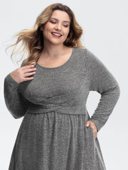 Crossover Waist-Defining Round Neck Midi Dress