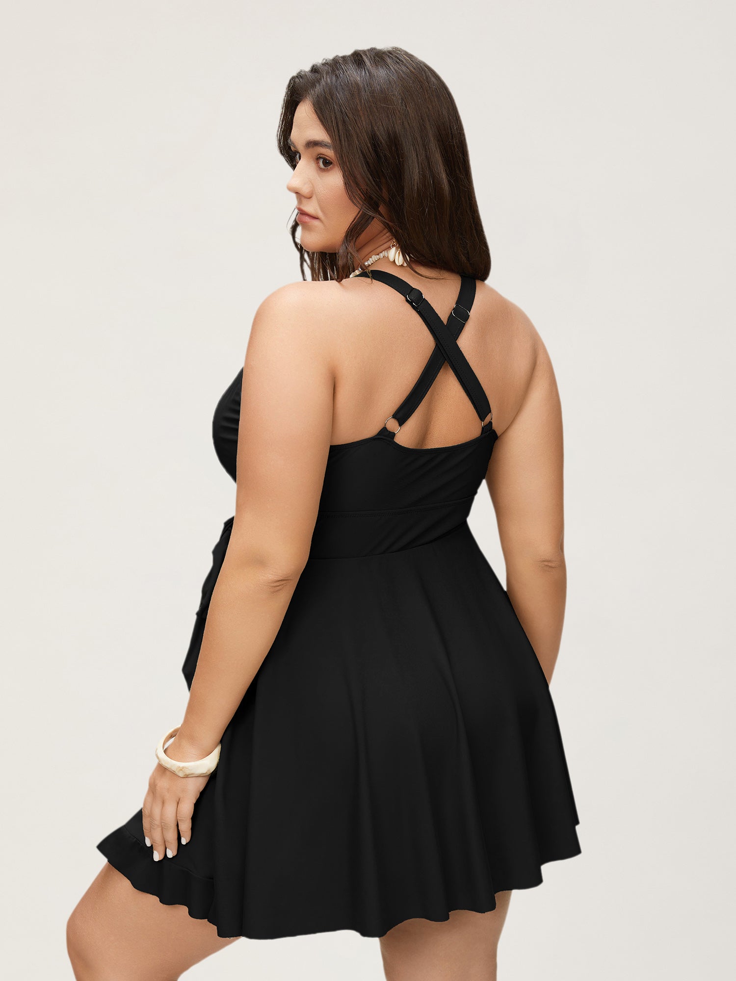 Plain Ties Wrap Flutters Swim Dress