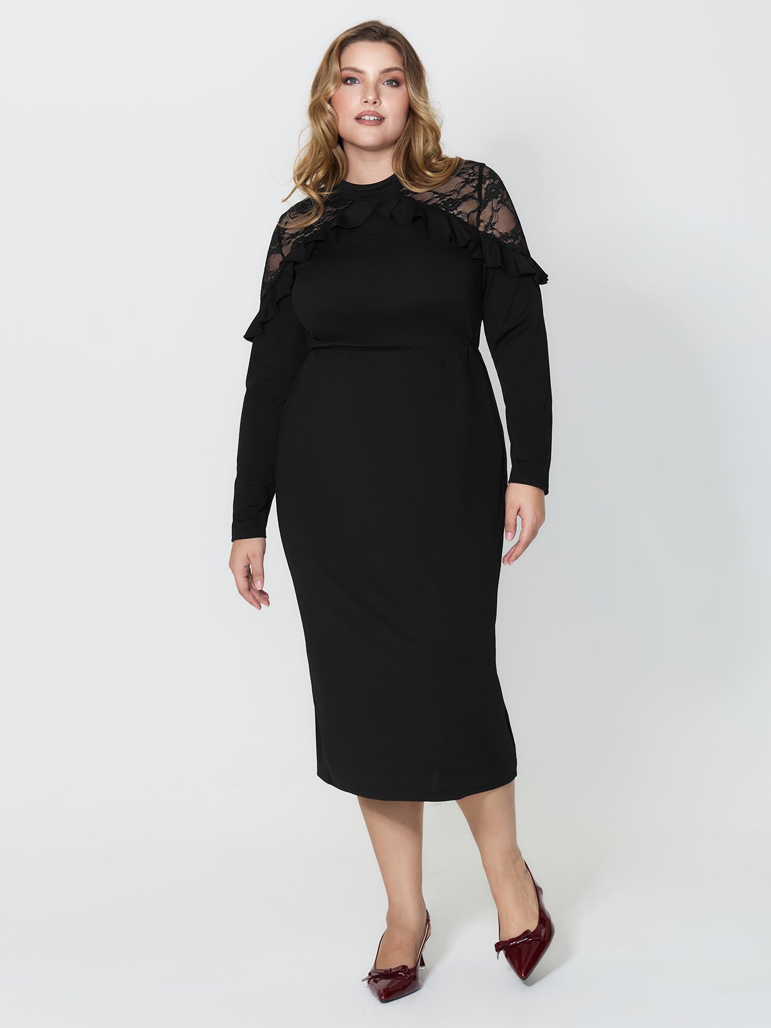 Lace Trim Ruffled Sheer Stretchy Party Dress