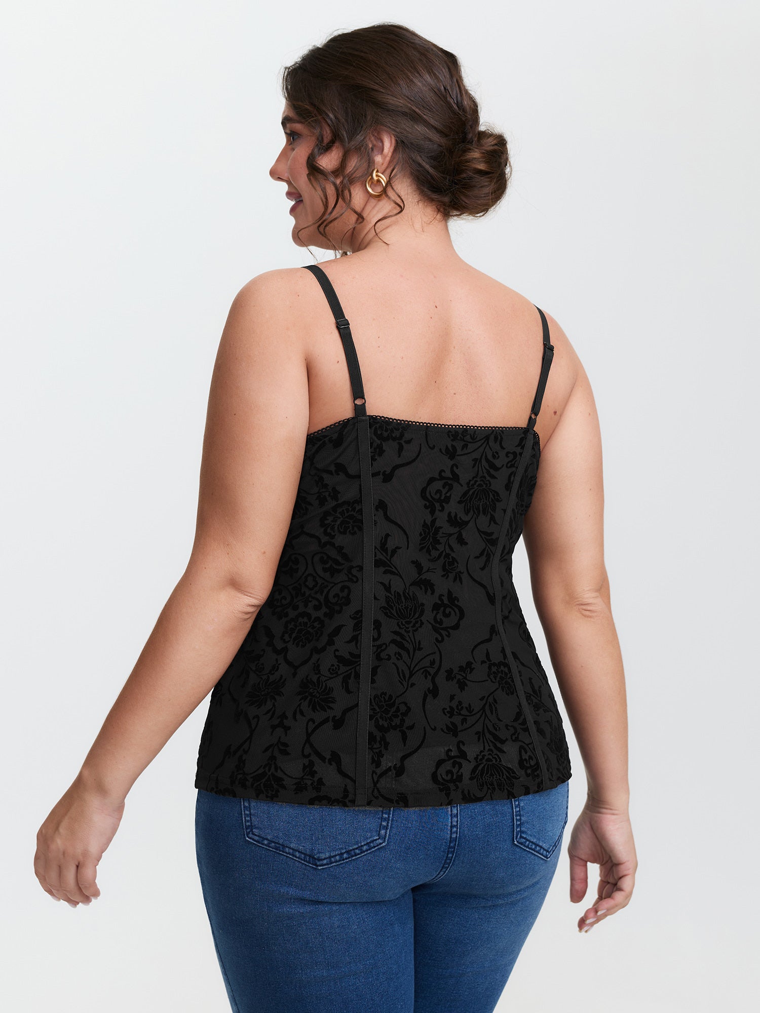 Flocked Floral Stretchy Mesh Lace Tank Top