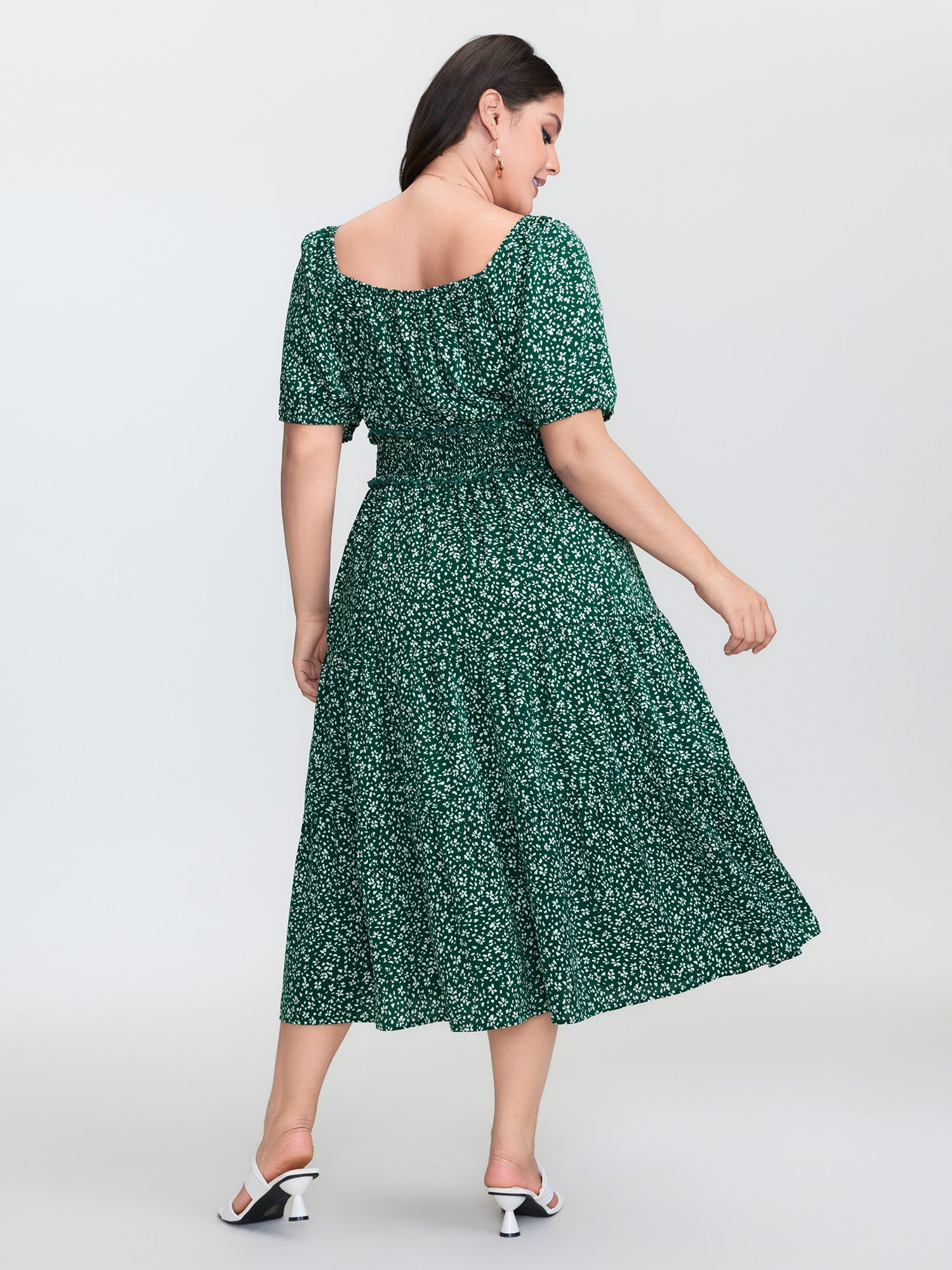 Floral Print Shirred Waist Midi Dress
