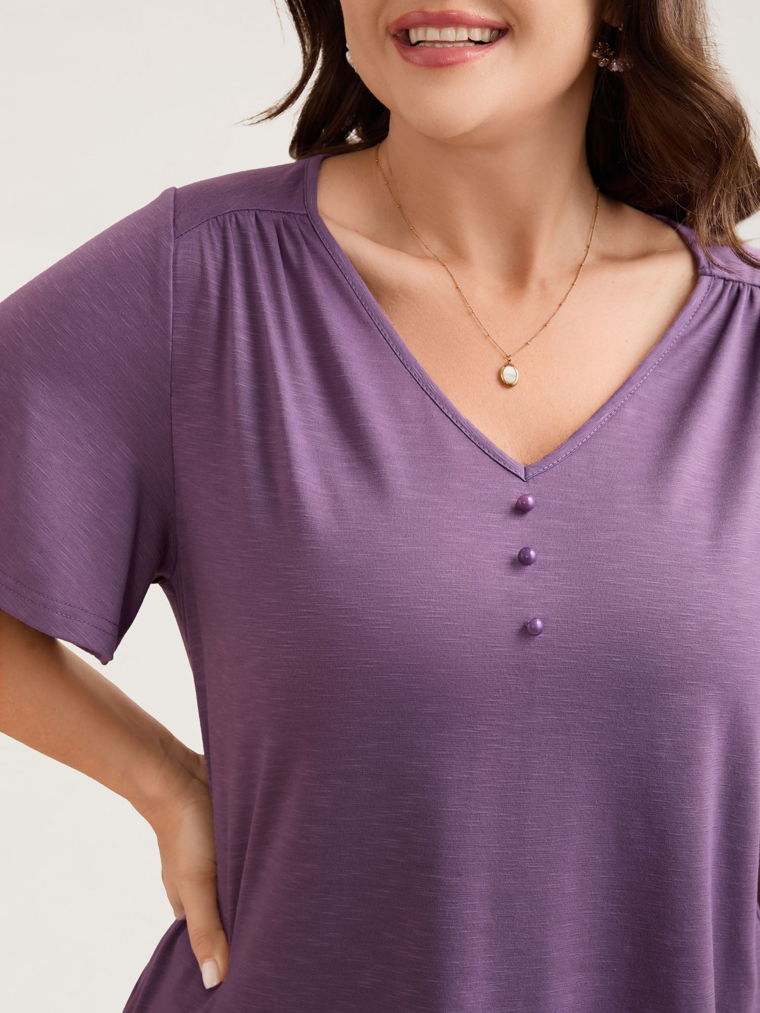 Bamboo Textured Pleated Shoulder Button T-Shirt