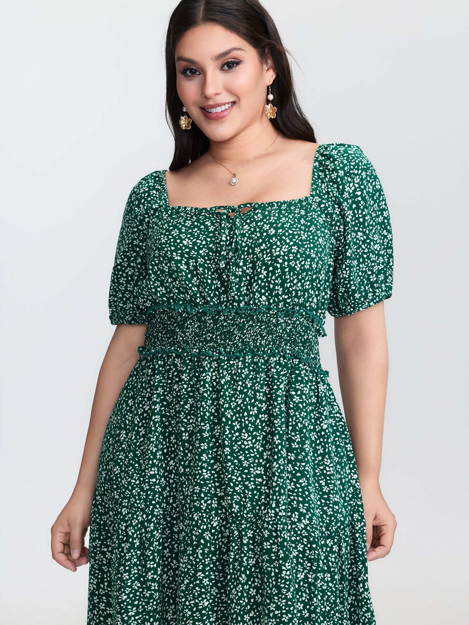 Floral Print Shirred Waist Midi Dress