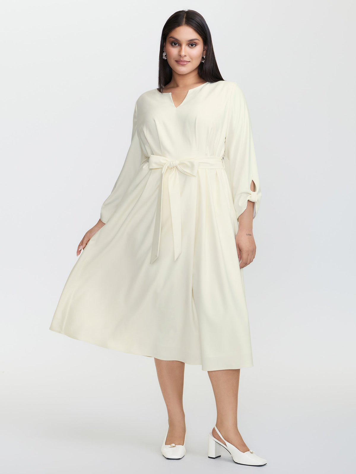 Pleated Split Neck Waist-Tie Maxi Dress