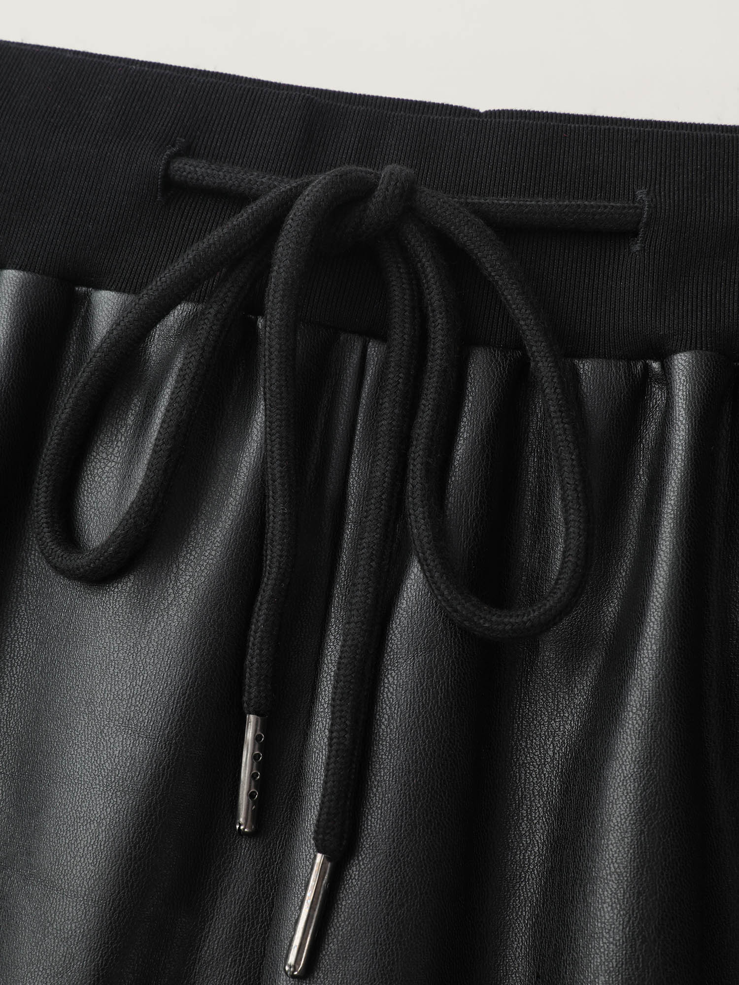 Ribbed Trim Spliced Leather Drawstring Pants