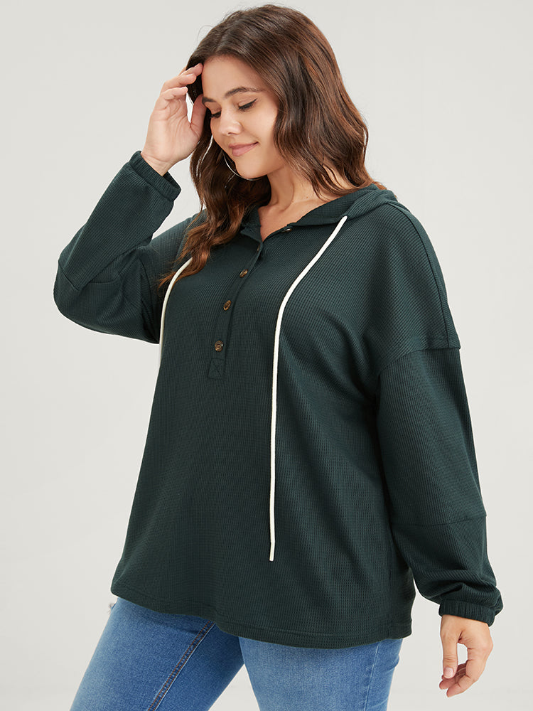 Solid Pocket Button Drawstring Waffle Knit Hooded Sweatshirt