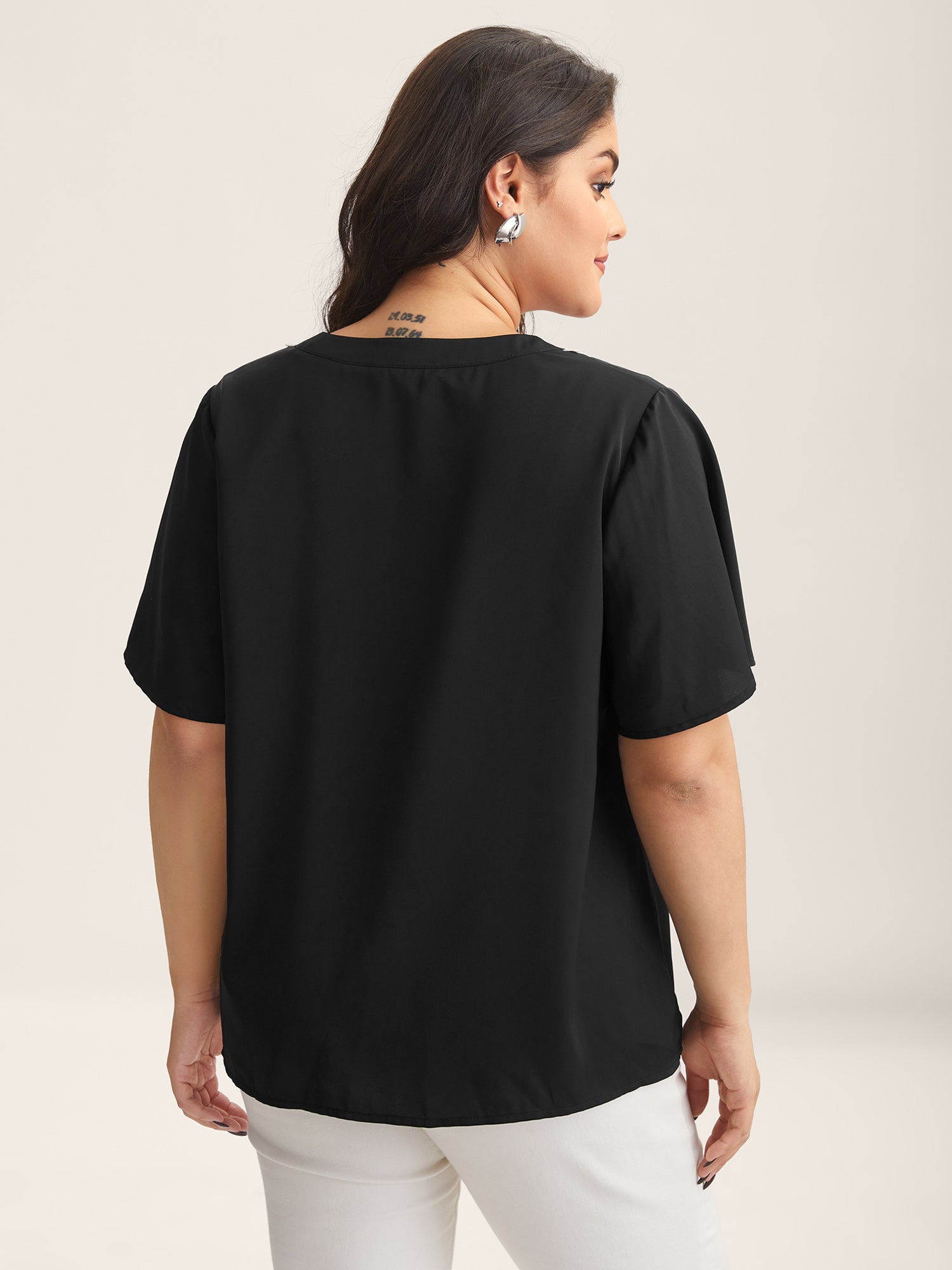 Lace Trim Notched Collar Solid Blouse