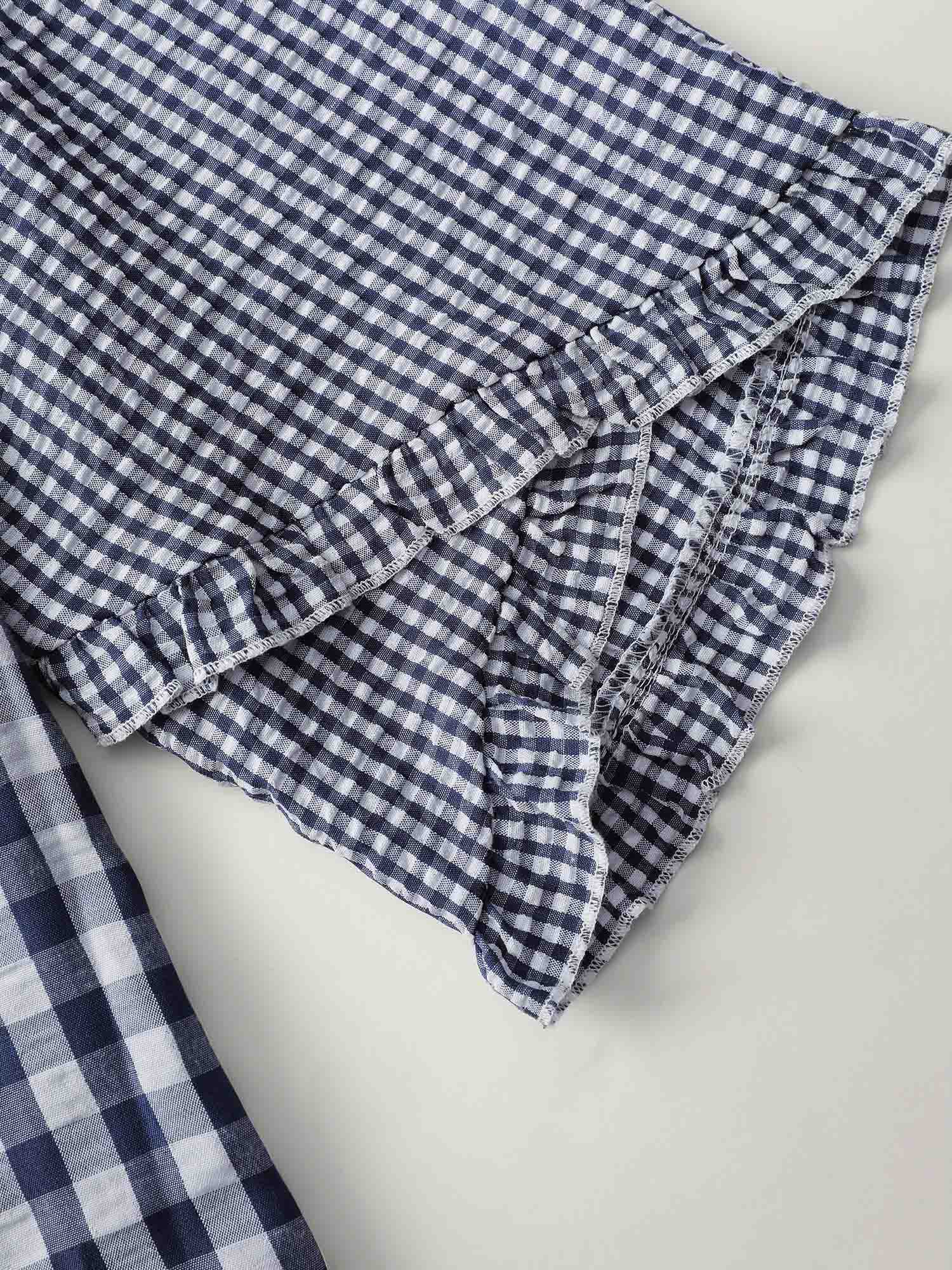 Checkered Print Flared Overlap Sleeve Blouse