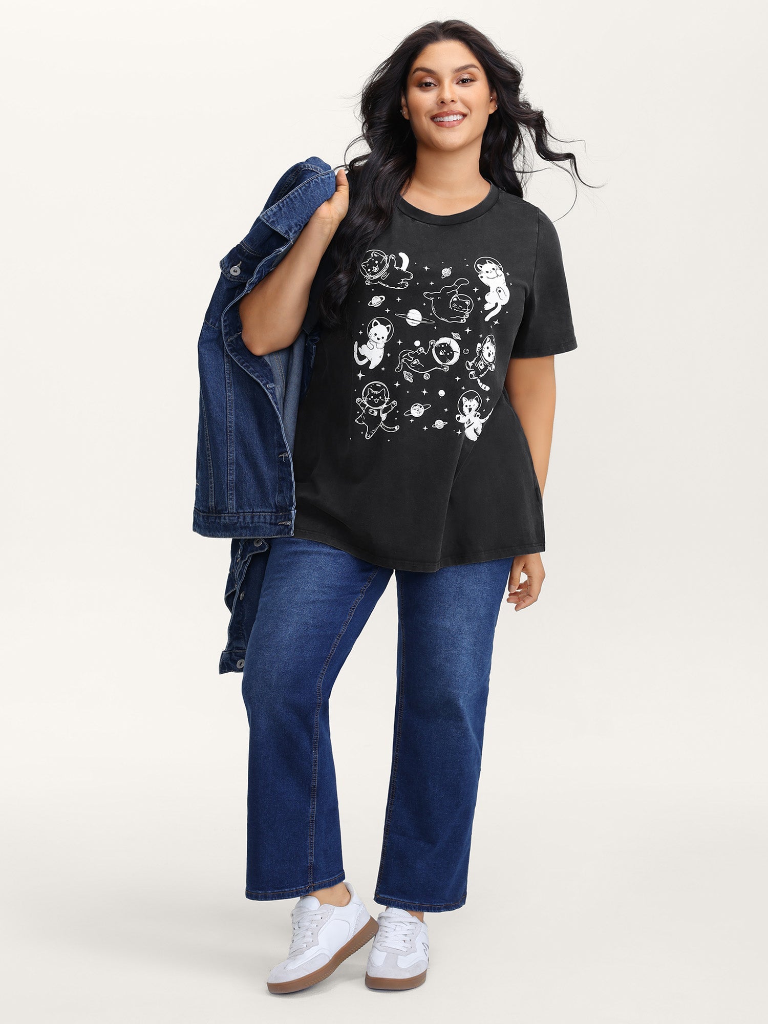 Pure Cotton Astronomer Cat Print T-Shirt