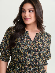 Micro Floral Print Shirred Cuff Mini Dress