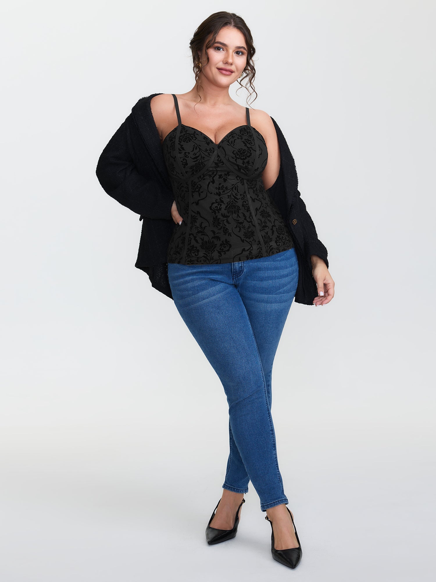 Flocked Floral Stretchy Mesh Lace Tank Top