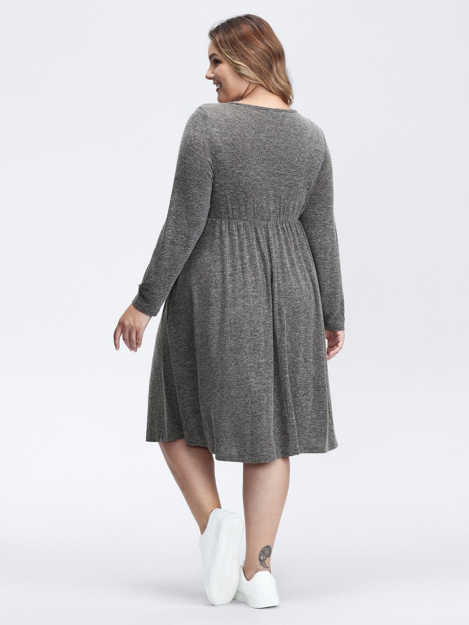 Crossover Waist-Defining Round Neck Midi Dress