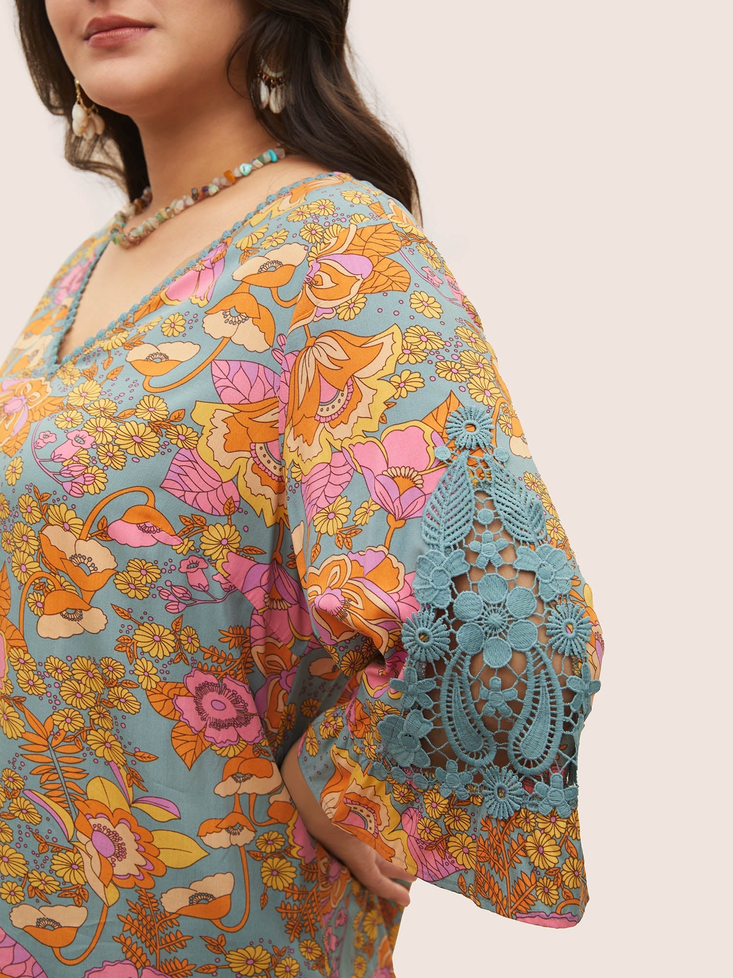 Boho Print Guipure Lace Ruffles Blouse