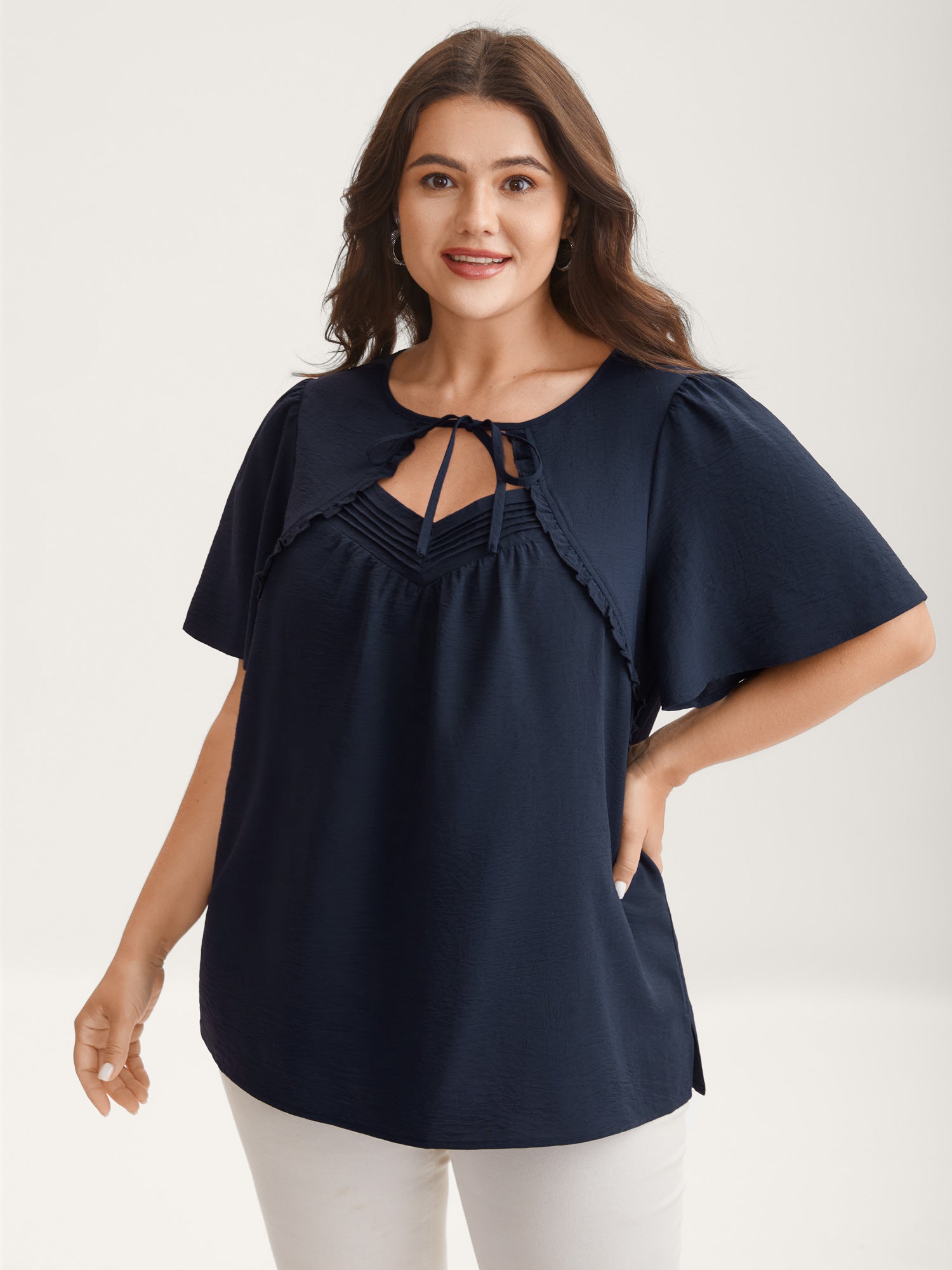 Toothpick Pleated Neck Tie Solid Blouse