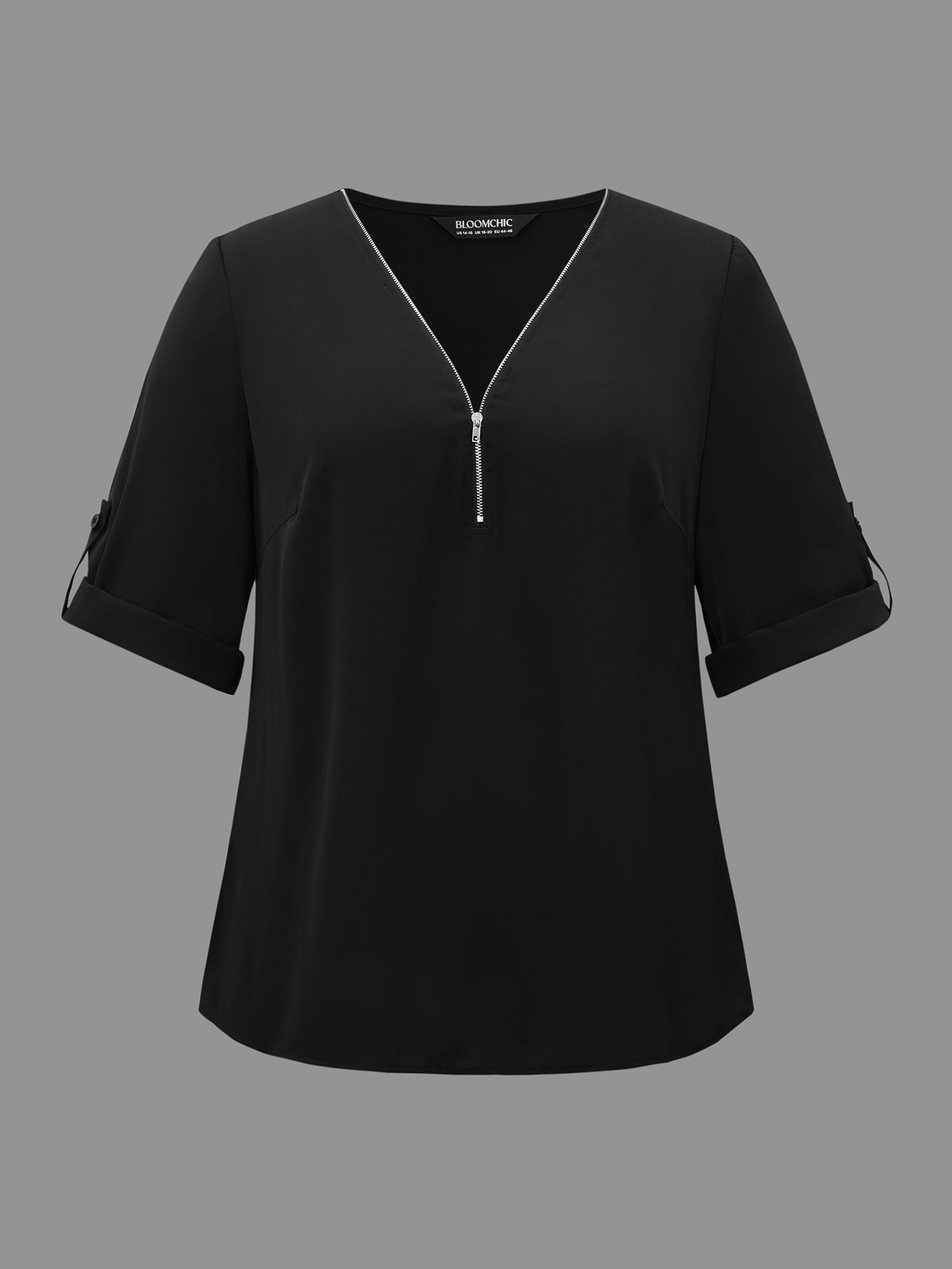 Plain V Neck Half Zip Tab Sleeve Blouse