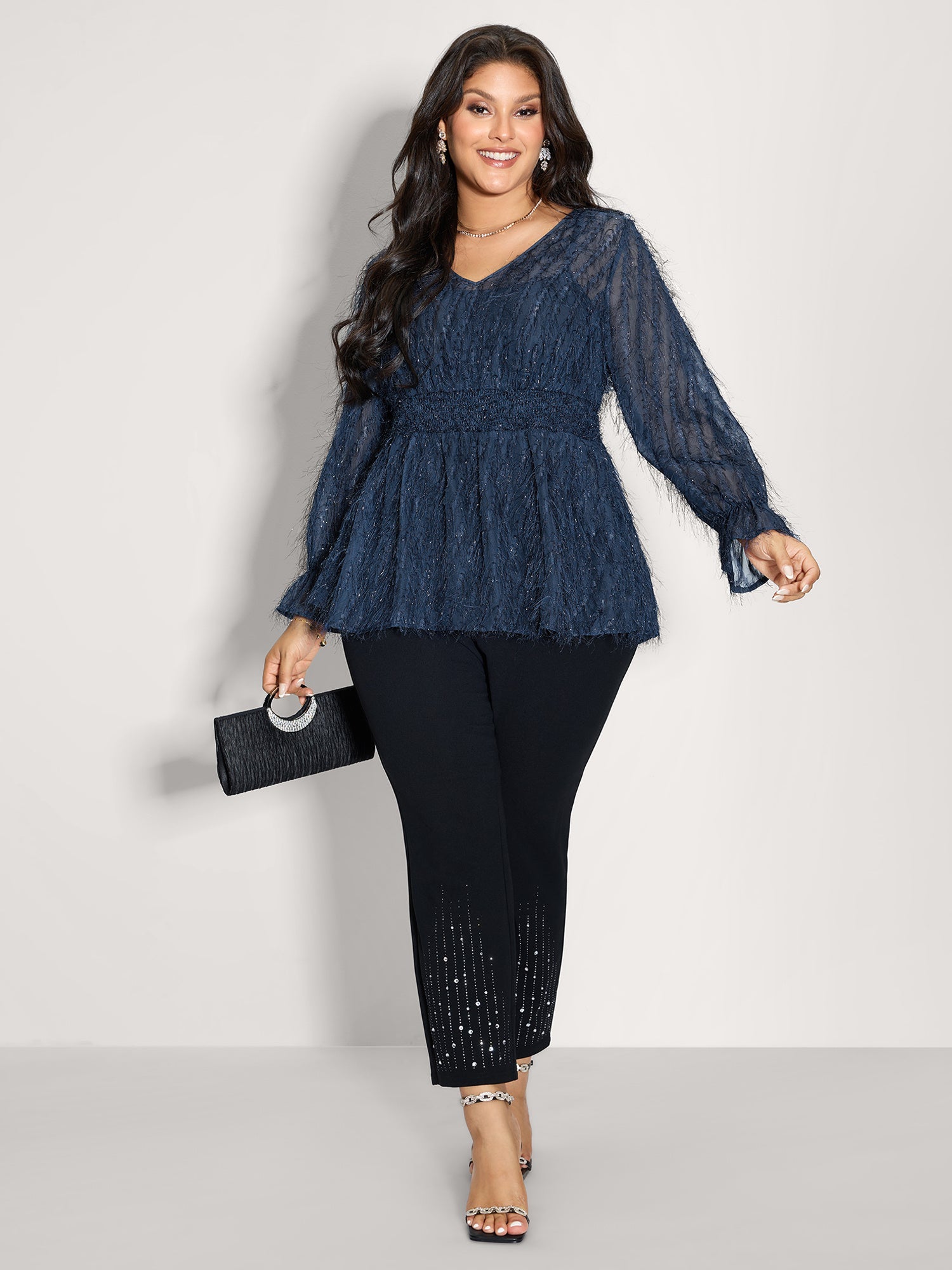 Textured Shirred Waist Sheer Blouse