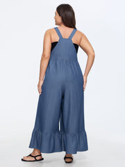 Overall Straps Ruffled Hem Pockets  Faux Denim Jumpsuit