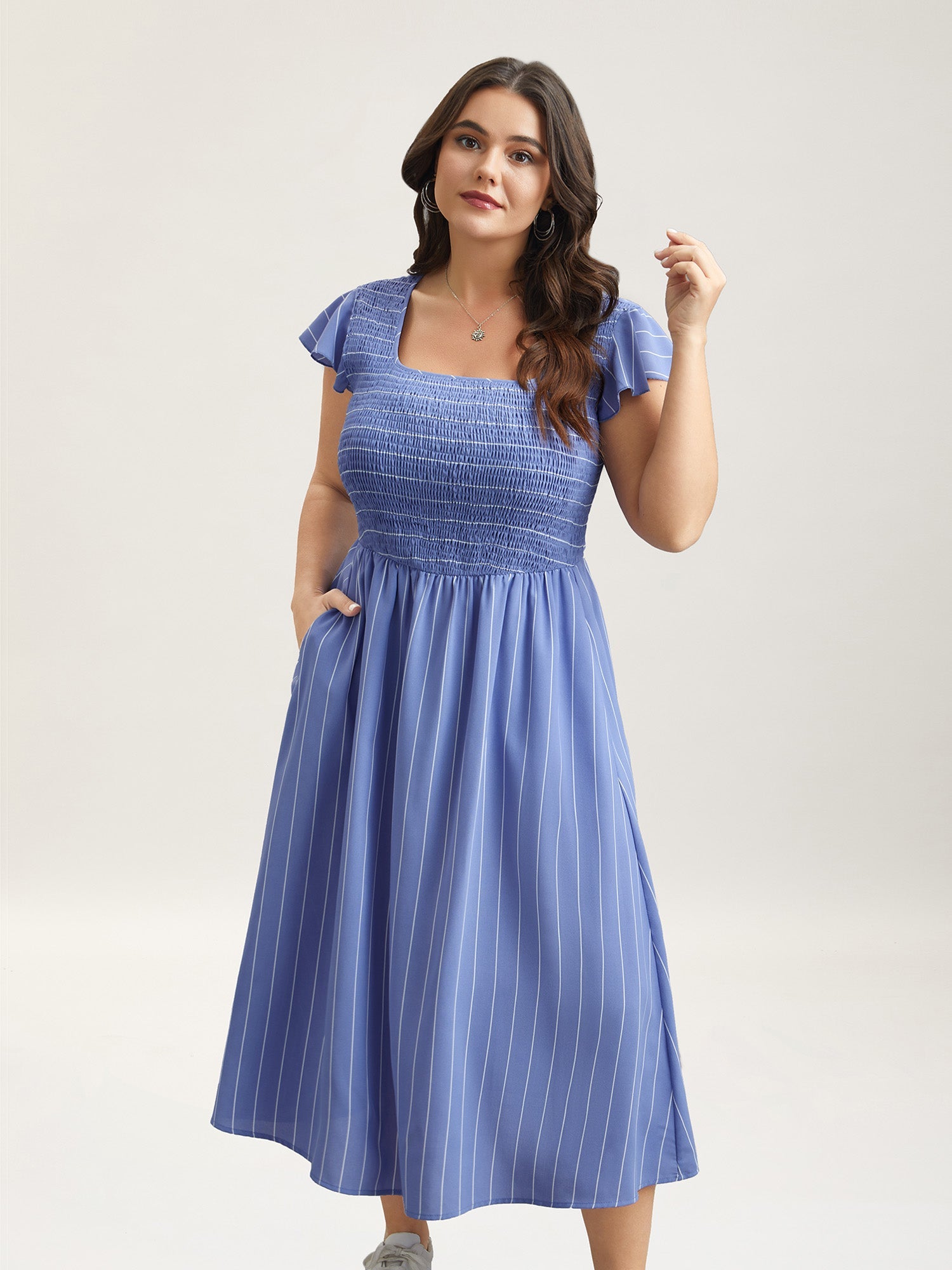 Striped Shirred Flutter Sleeve Midi Dress