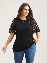 Stretchy Sheer Dot Sleeve Textured T-Shirt