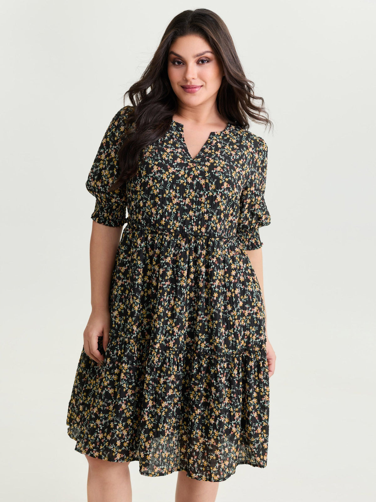 Micro Floral Print Shirred Cuff Mini Dress
