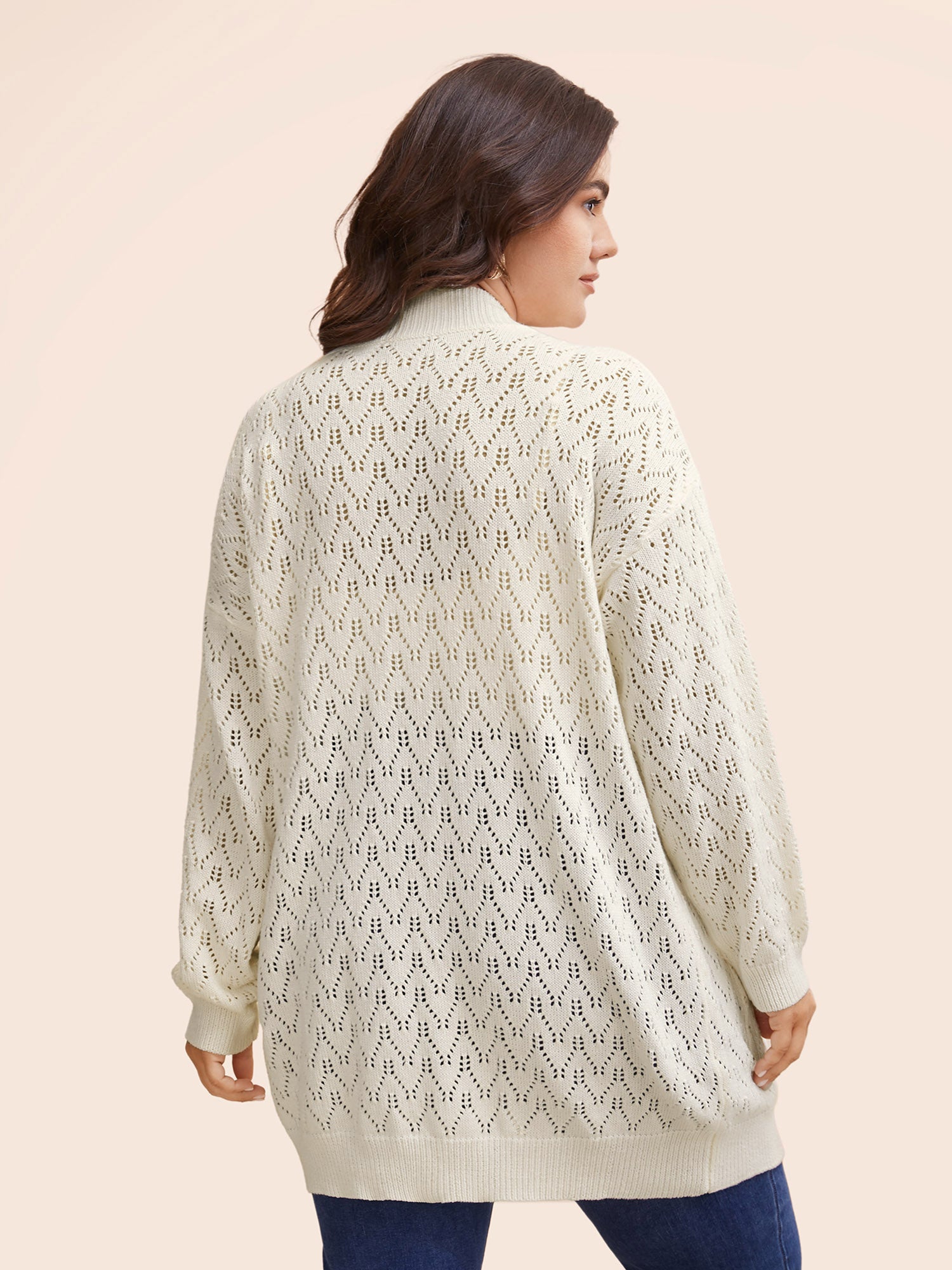 Kimono Collar Patch Pocket Pointelle Knit Cardigan