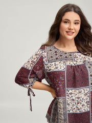 Boho Collage Print Sleeve-Tie Blouse