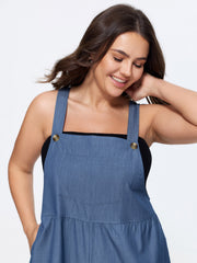 Overall Straps Ruffled Hem Pockets  Faux Denim Jumpsuit